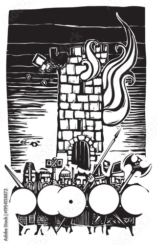 Woodcut expressionist style image of Dwarves and Burning Tower