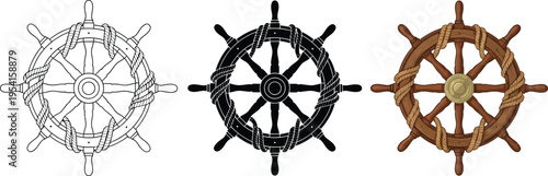 Set of ships steering wheels in various styles including outline silhouette and colored wood with rope details ideal for nautical design projects