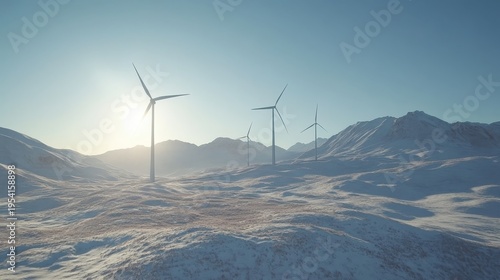 Wind turbines generate renewable energy across a remote, mountainous landscape under a clear sky