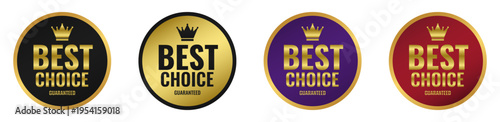 Set of premium quality best choice guaranteed badges in gold circle designs with black, purple, and red colors