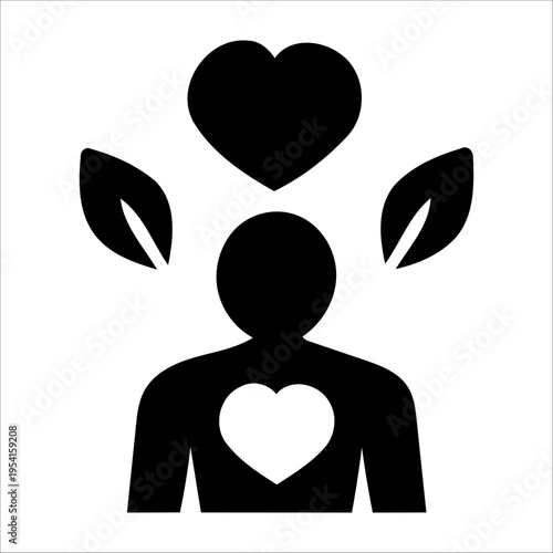 Holistic human wellbeing silhouette with heart and leaf elements for self love and organic healing lifestyle vector