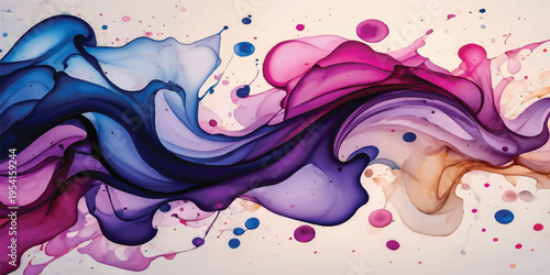 A colorful abstract watercolor vector illustration of a beautiful fantasy mermaid with flowing hair swimming underwater amidst artistic sea splashes and baby fish in a summer fashion design