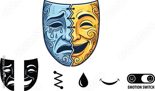 Dual face mask showing happy and sad emotions with dramatic expression contrast illustration representing mood switch, mental health, psychology and emotional duality concept