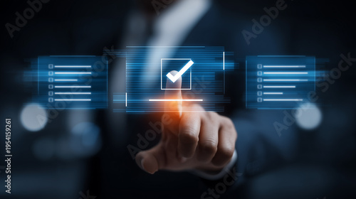 A finger touching a digital check mark interface representing approval workflow, compliance validation, and business verification.
