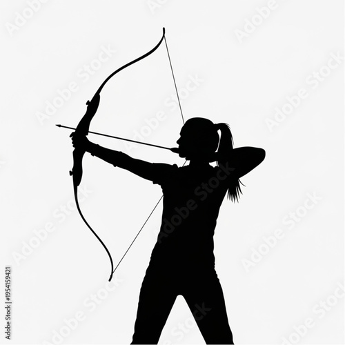 Woman Silhouette Shooting Bow and Arrow.