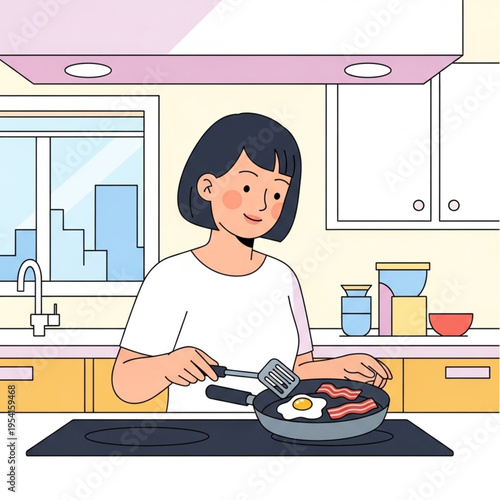 Woman Cooking Breakfast in Modern Kitchen.