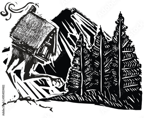 Woodcut expressionist style image of a Baba Yaga's Hut in a forest
