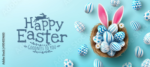 Easter poster and banner template with Easter eggs in the nest on light blue background.Greetings and presents for Easter Day in flat lay styling.Promotion and shopping template for Easter