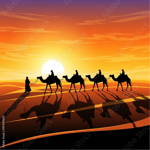 Silhouetted Camel Caravan at Sunset.