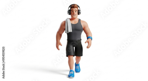 A cartoon man wearing headphones and a towel over his shoulder walks forward in a fitness outfit
