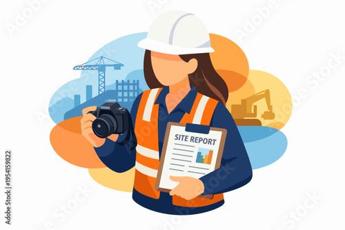Female construction worker holding camera and site report.