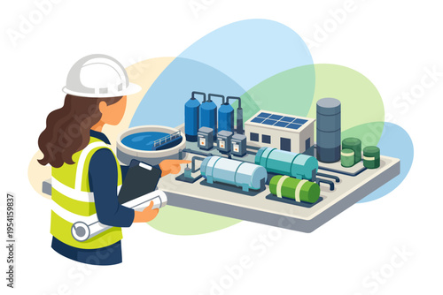 Female Engineer Inspecting Industrial Water Treatment Plant Equipment.