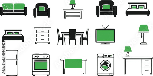 Green Icons of Household Furniture and Appliances
