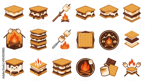 Collection of illustrated s'mores, campfires, and related elements in a pixelated style.