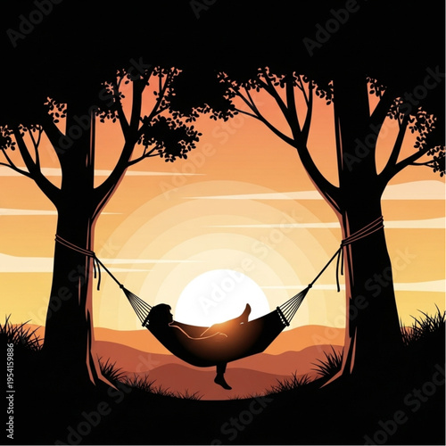 Woman Relaxing in Hammock at Sunset.