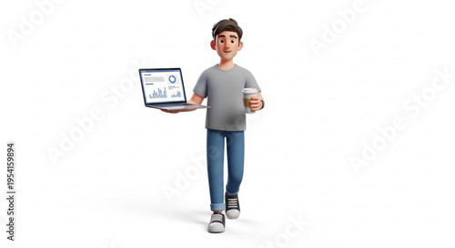 A cartoon man holding a laptop and a coffee cup in a modern workspace setting