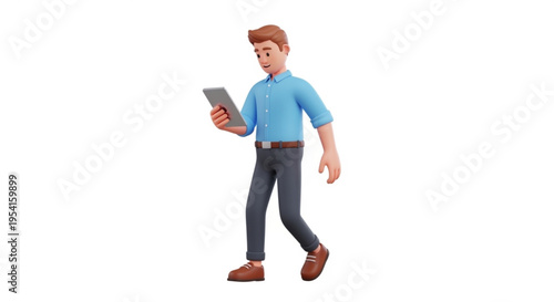 A cartoon man walking while holding a tablet in his hand