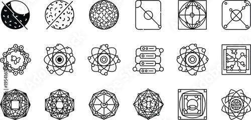 Various abstract geometric and crystalline line art icons display complex patterns and spherical atomic representations on a white background.