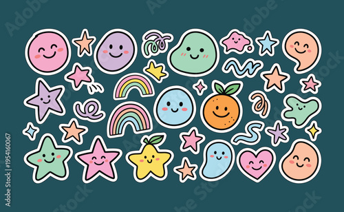 Cute Abstract Kawaii Sticker Set with Stars, Rainbow, Fruits and Fun Cartoon Shapes in Pastel Colors