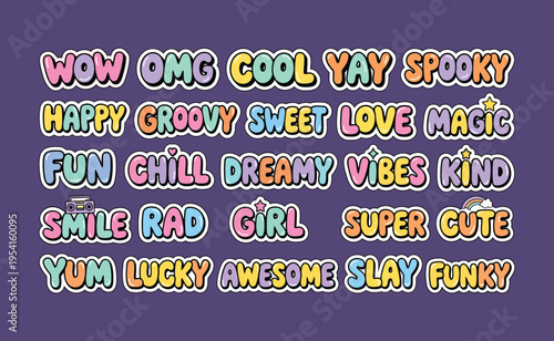 Retro Groovy Typography Sticker Set with Colorful Bubble Letters, Cute Words and Kawaii Style Text