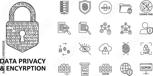 A prominent padlock icon filled with binary code illustrates the abstract concept of data privacy and encryption security measures.