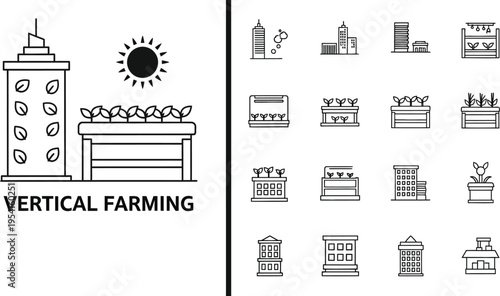 Various line art illustrations represent elements of vertical farming, including rooftop gardens and specialized building structures under the sun.