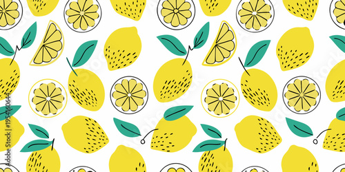 A vibrant pattern of lemons lemon slices and green leaves on white