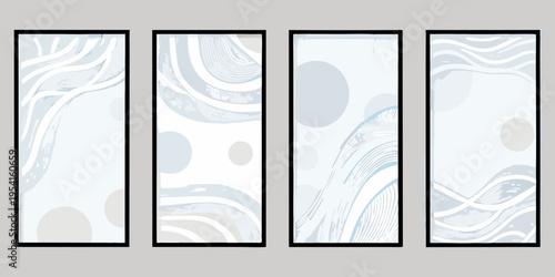 Four abstract panels featuring swirling lines and subtle blue gray tones