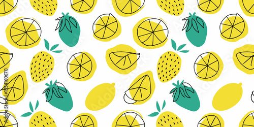 A playful pattern of lemons limes and pineapples in bright colors