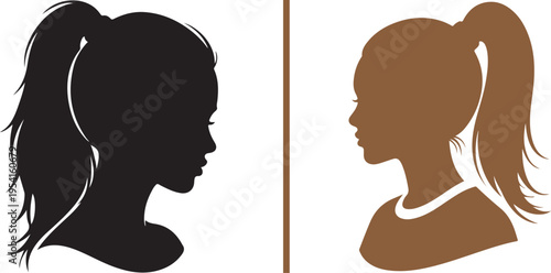 A side profile vector illustration showing two female silhouettes with high ponytails, one in black and one in brown, separated by a thin vertical line.