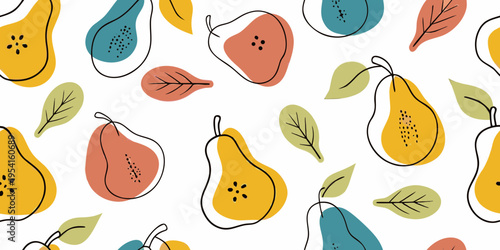Abstract pattern of colorful pears and leaves on a white background