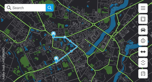 Digital Map Interface Displaying Route and Navigation Details.