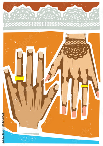 Woodcut expressionist style image of a Indian Wedding Rings