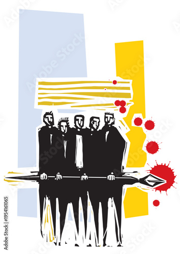 Woodcut expressionist style image of british Mods with a Pen