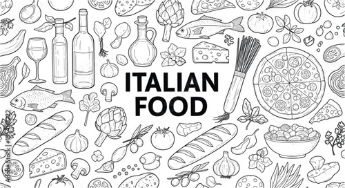  Professional Italian Food Coloring Page Featuring Pizza Pasta Wine Fish and Mediterranean Ingredients for Culinary Education and Creative Activity Books