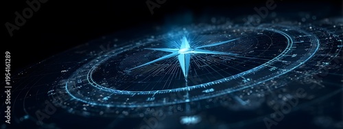 High tech digital compass with bright blue star for navigation and direction in a futuristic network environment showing data and technology on a dark background
