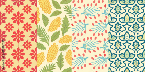 Colorful floral and botanical patterns arranged in a repeating swatch