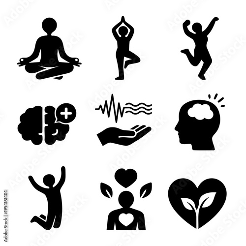 Mental wellness and holistic health icon bundle featuring yoga meditation psychological support and emotional balance silhouettes set