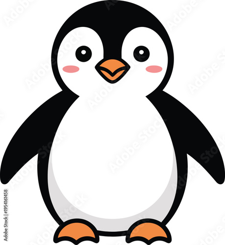 Cute penguin cartoon character vector illustration. Friendly baby penguin standing and smiling isolated on white background for winter theme, nursery art, and kids' graphics.