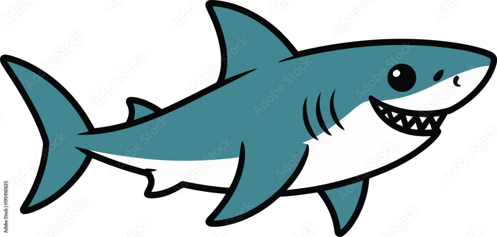 Fototapeta premium Cute blue shark cartoon vector illustration isolated on white background. Friendly smiling baby shark character for kids ocean theme and marine life designs