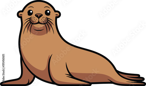 Cute sea lion cartoon character vector illustration. Friendly brown seal sitting and smiling isolated on white background for kids' education and marine life designs.