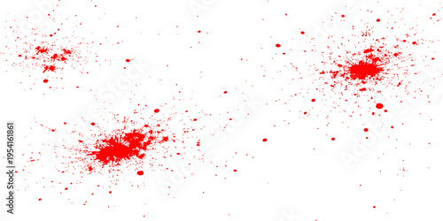 A digital graphic showing multiple vibrant red ink splatters isolated on a plain white background