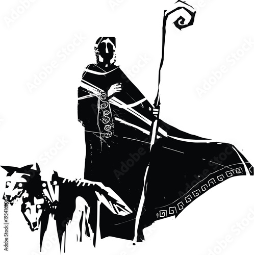 Woodcut expressionist style image of the mythic Hades and Cerberus