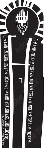 Woodcut expressionist style image of a Divine Emperor