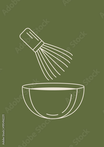 Matcha whisk and bowl line icon with minimal outline style for tea preparation and zen concept