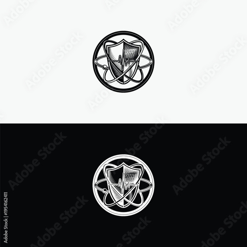 A finely detailed circular badge artfully displays a strong shield with an etched heartbeat, beautifully integrated with a scientific atomic structure.