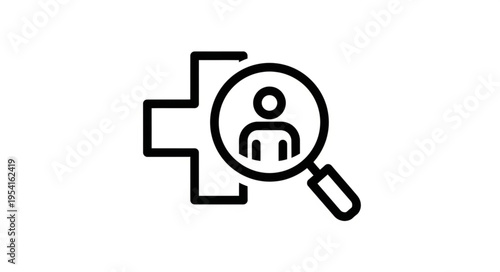 Magnifying glass over a person icon and plus sign.