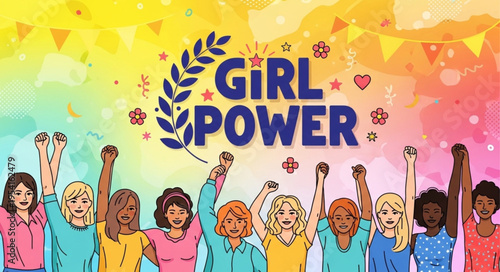 Diverse group of women celebrating girl power with raised fists.