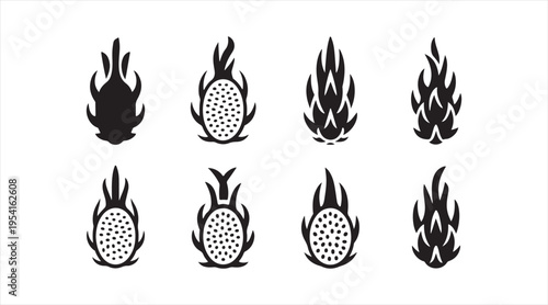 Simple dragonfruit shapes collection flat black exotic fruit illustration for food design