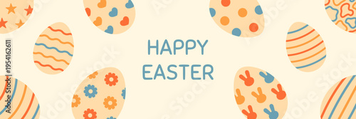 Happy Easter banner with decorative eggs, flowers, hearts, stars and bunny shapes. Cute pastel spring illustration with festive ornaments and seasonal holiday design. Flat vector. Hand drawn.